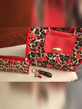 SHEIN Red Cherry & Leopard Print Tote  Matching Wallet Free Keychain